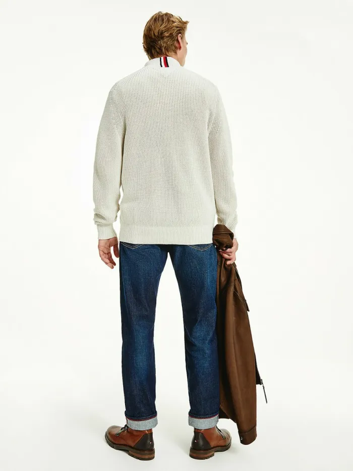 Tommy Hilfiger Ribbed HalfZip Relaxed Fit Jumper Alabaster Mens Knitwear Online
