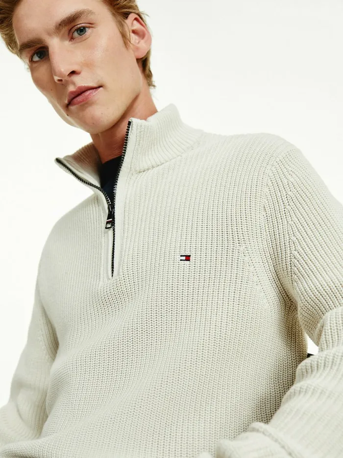 Tommy Hilfiger Ribbed HalfZip Relaxed Fit Jumper Alabaster Mens Knitwear Online