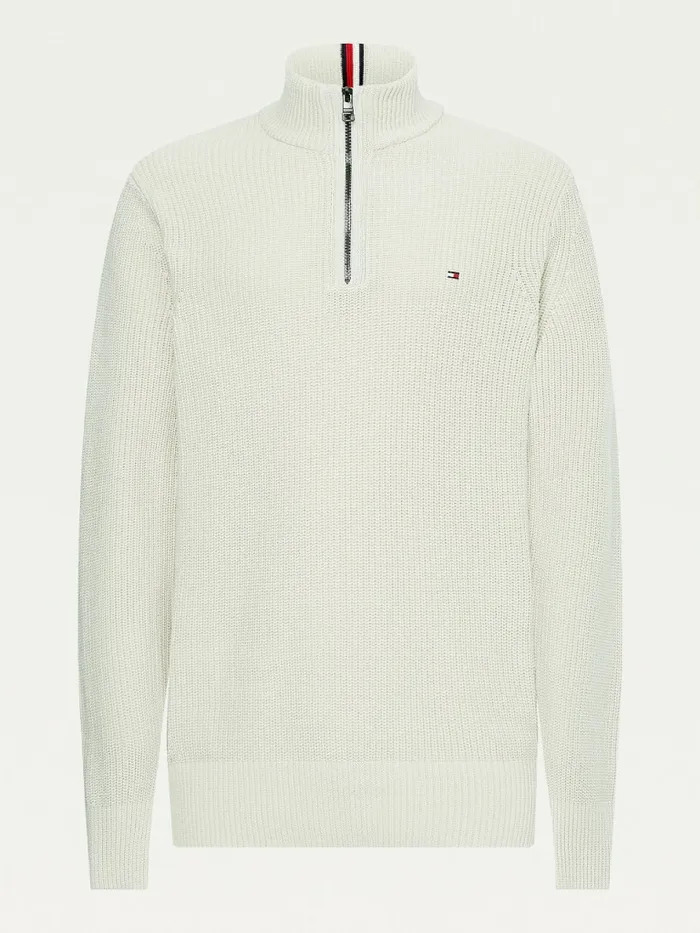 Tommy Hilfiger Ribbed HalfZip Relaxed Fit Jumper Alabaster Mens Knitwear Online