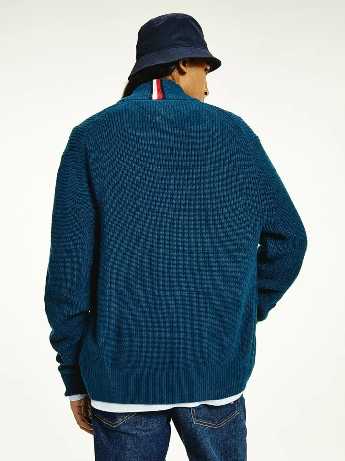 Tommy Hilfiger Ribbed ZipThru Relaxed Fit Jumper Dark Lakeside Mens Knitwear Popular
