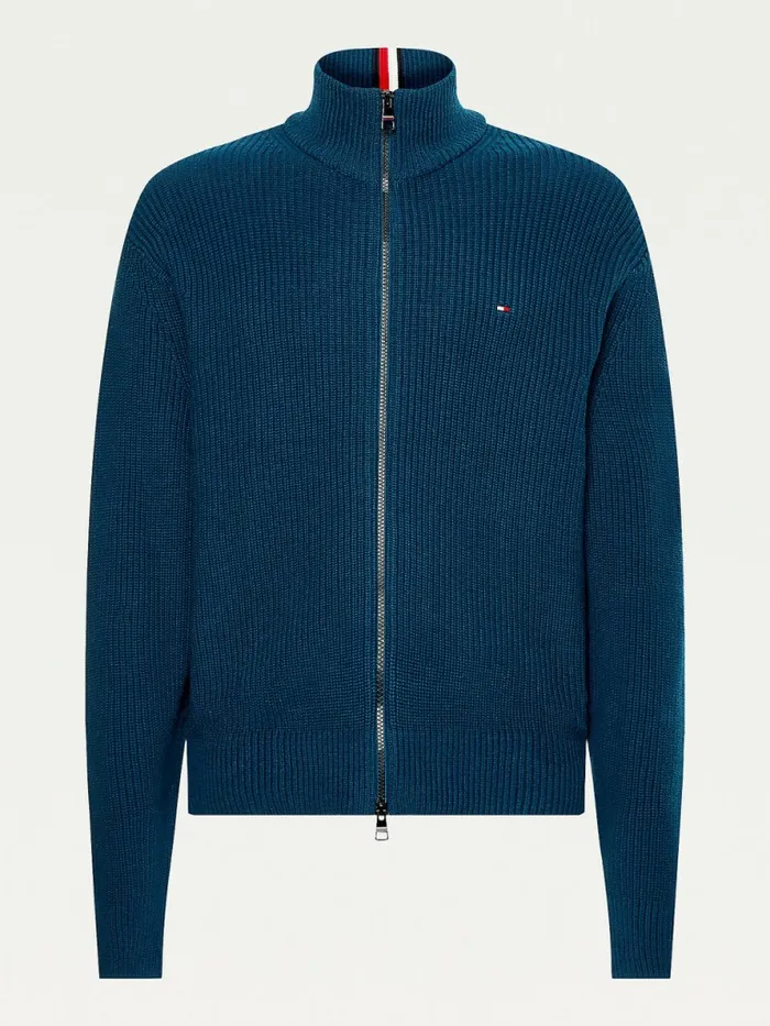 Tommy Hilfiger Ribbed ZipThru Relaxed Fit Jumper Dark Lakeside Mens Knitwear Popular