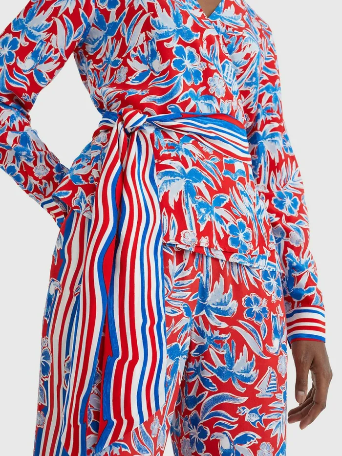 Tommy Hilfiger Scarf Print Regular Fit Wrap Blouse Island Scarf Red Womens Shirts and Blouses Gift for Friend