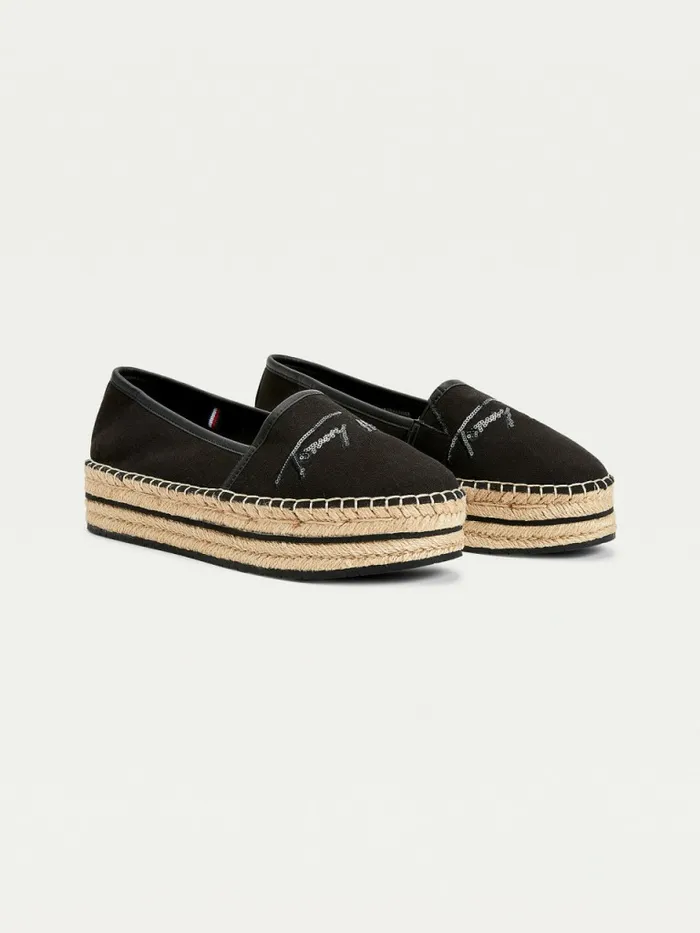 Tommy Hilfiger Sequin Signature Flatform Espadrilles Black Womens Flat Shoes Online Tommy Hilfiger Sequin Signature Flatform Espadrilles Black Womens Flat Shoes Online