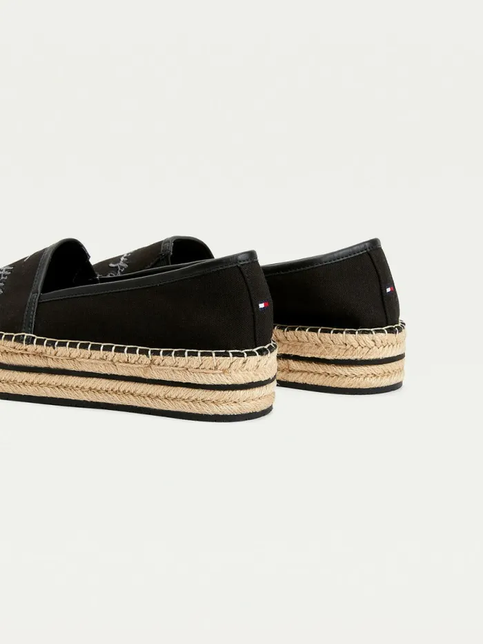 Tommy Hilfiger Sequin Signature Flatform Espadrilles Black Womens Flat Shoes Online