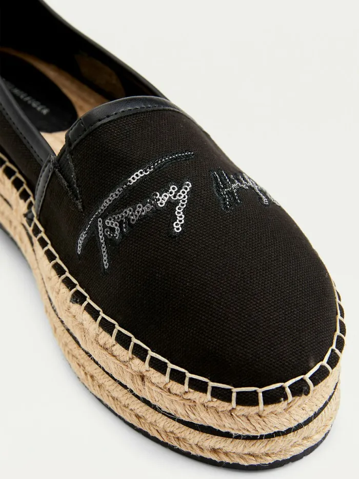 Tommy Hilfiger Sequin Signature Flatform Espadrilles Black Womens Flat Shoes Online