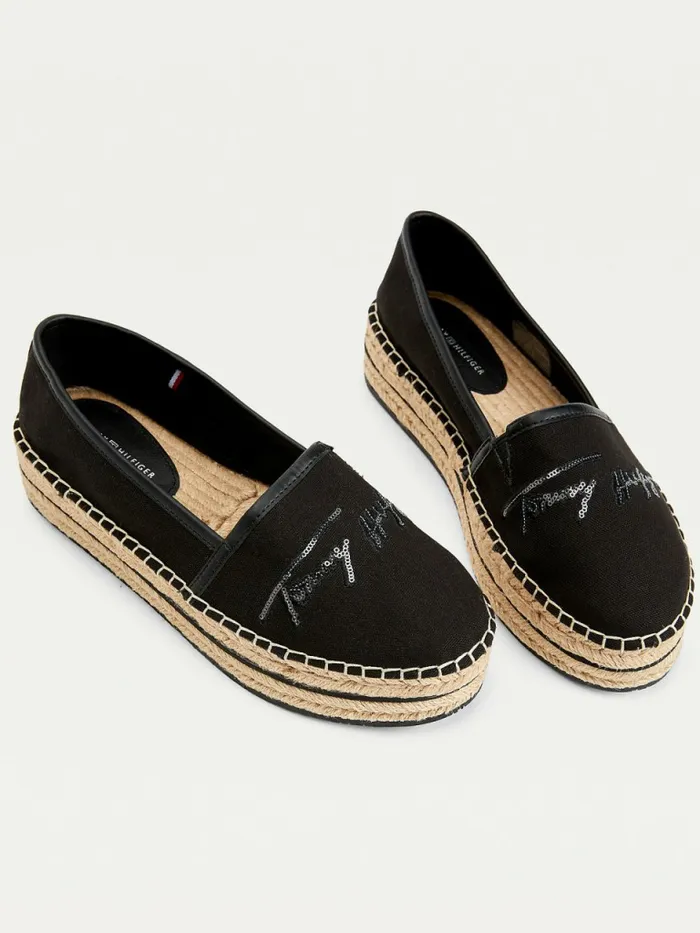 Tommy Hilfiger Sequin Signature Flatform Espadrilles Black Womens Flat Shoes Online