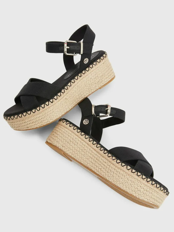 Tommy Hilfiger Shiny Flatform Wedges Black Womens Sandals Cheap On Sale