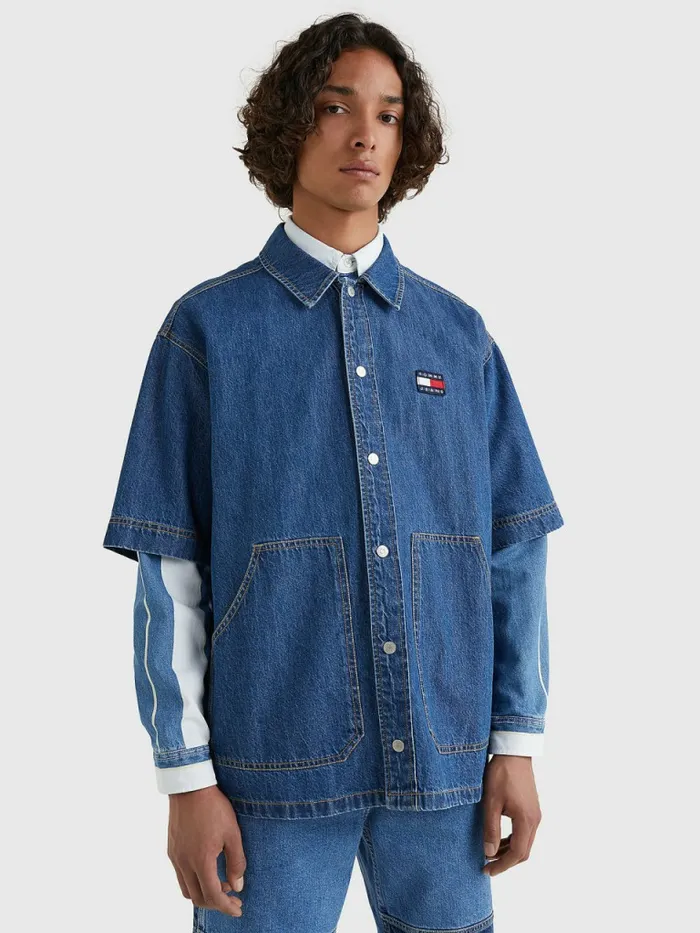 Tommy Hilfiger Short Sleeve Denim Overshirt Mid Indigo Mens Shirts Popular