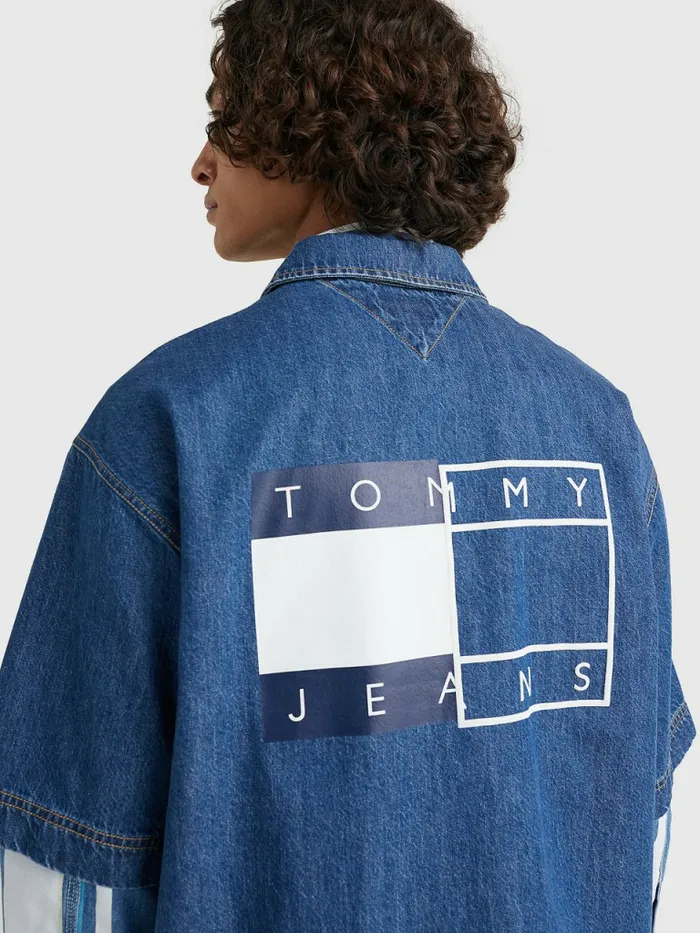 Tommy Hilfiger Short Sleeve Denim Overshirt Mid Indigo Mens Shirts Popular