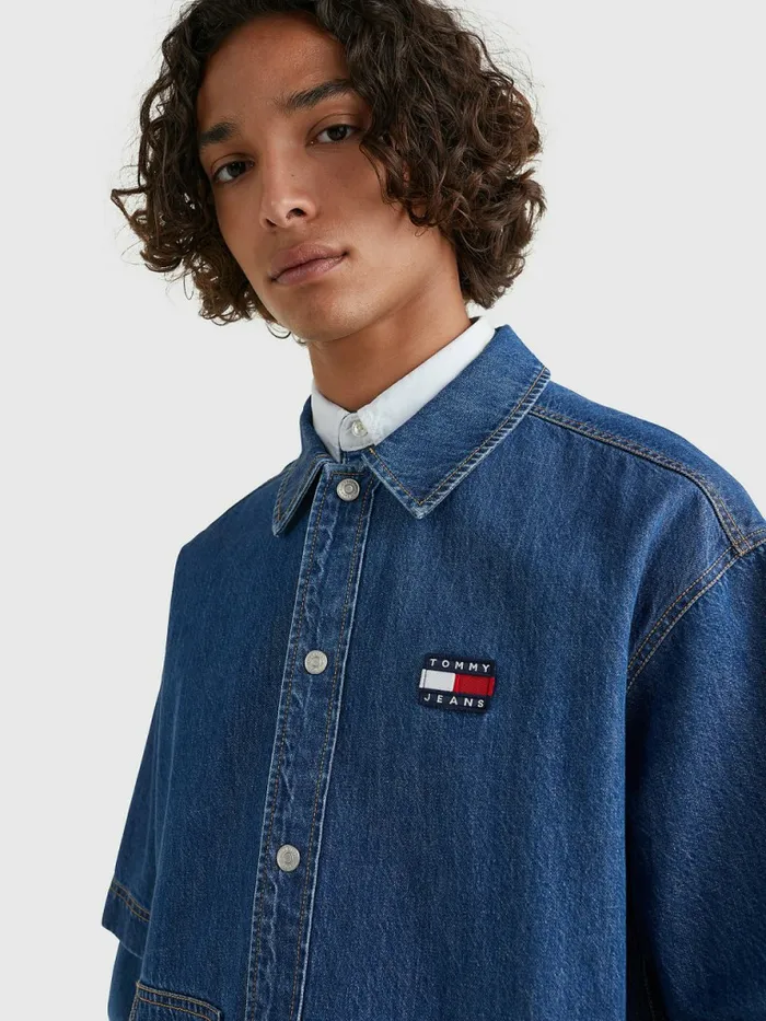 Tommy Hilfiger Short Sleeve Denim Overshirt Mid Indigo Mens Shirts Popular