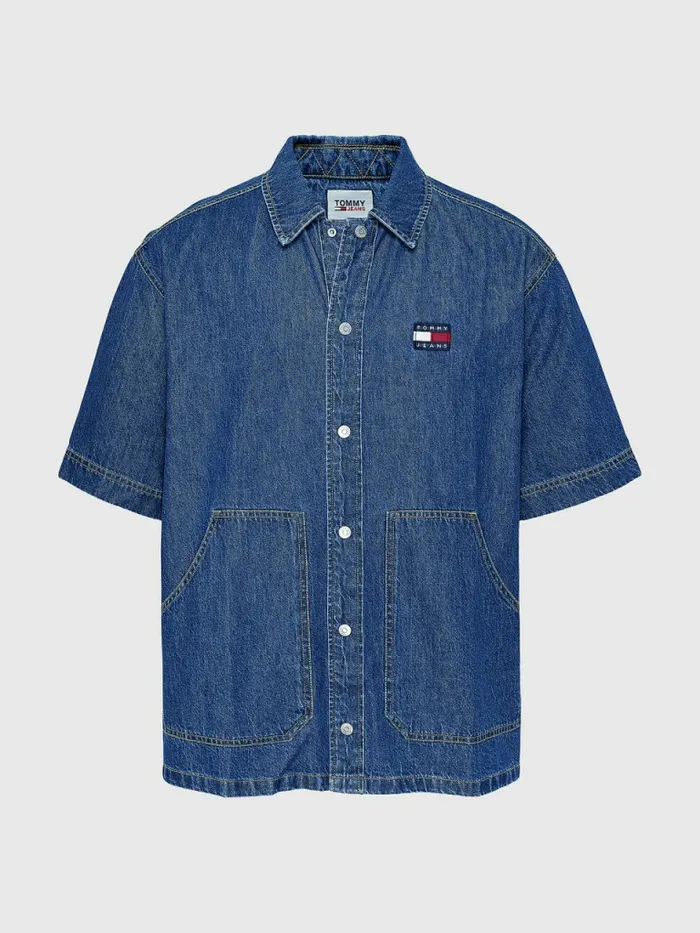 Tommy Hilfiger Short Sleeve Denim Overshirt Mid Indigo Mens Shirts Popular