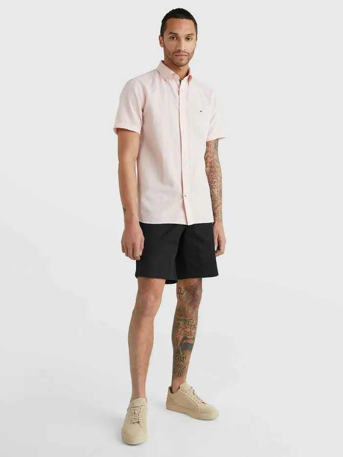 Tommy Hilfiger Short Sleeve Tapered Regular Fit Shirt GuavaWhite Mens Shirts Sale