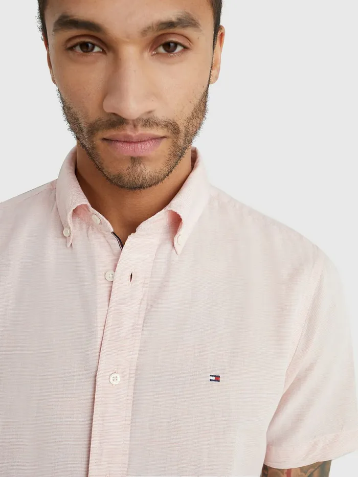 Tommy Hilfiger Short Sleeve Tapered Regular Fit Shirt GuavaWhite Mens Shirts Sale