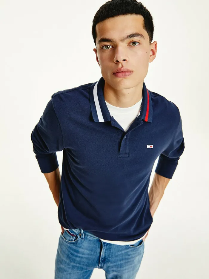 Tommy Hilfiger Signature Collar Regular Long Sleeve Polo Twilight Navy Mens Polo Shirts Gift for Friend Tommy Hilfiger Signature Collar Regular Long Sleeve Polo Twilight Navy Mens Polo Shirts Gift for Friend