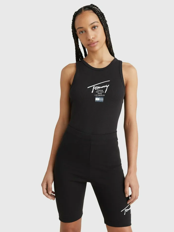Tommy Hilfiger Signature Logo Body Tank Black Womens TShirts Cheap On Sale