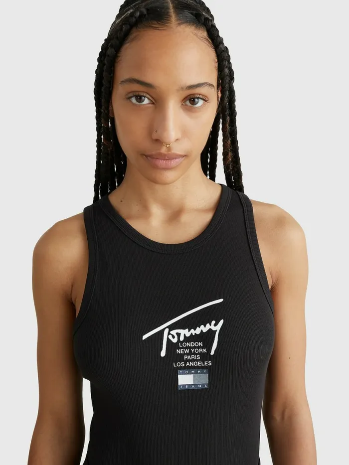 Tommy Hilfiger Signature Logo Body Tank Black Womens TShirts Cheap On Sale