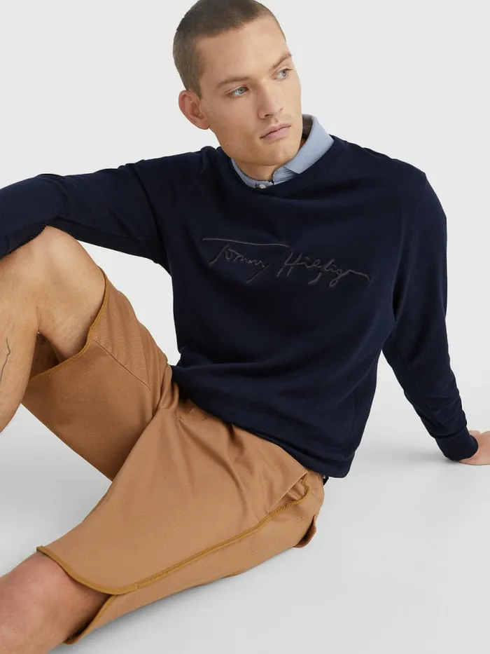 Tommy Hilfiger Signature Logo Embroidery Jumper Desert Sky Mens Knitwear On Sale