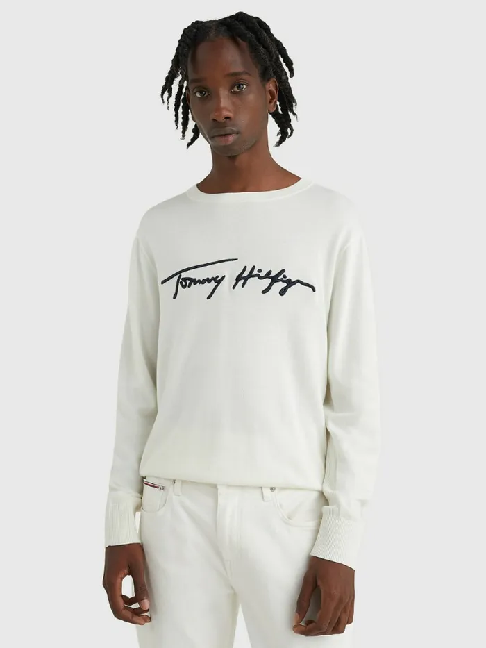 Tommy Hilfiger Signature Logo Embroidery Jumper Ivory Mens Knitwear Fashion