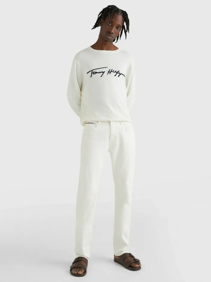 Tommy Hilfiger Signature Logo Embroidery Jumper Ivory Mens Knitwear Fashion