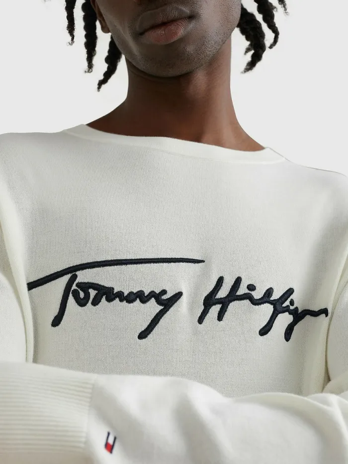 Tommy Hilfiger Signature Logo Embroidery Jumper Ivory Mens Knitwear Fashion