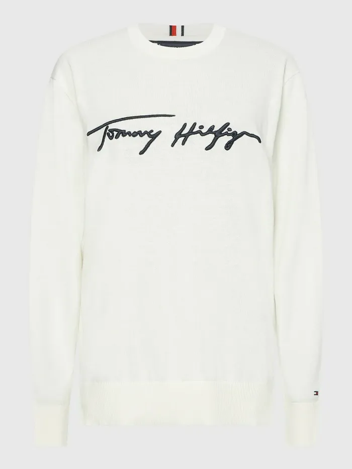 Tommy Hilfiger Signature Logo Embroidery Jumper Ivory Mens Knitwear Fashion