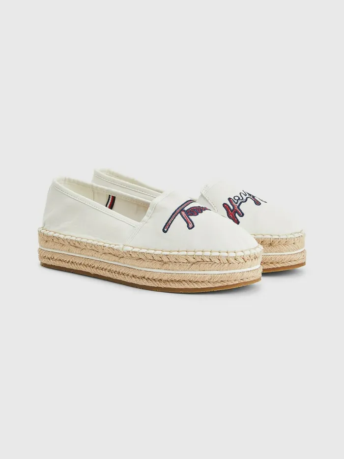 Tommy Hilfiger Signature Logo Espadrilles Ecru Womens Flat Shoes For Sale
