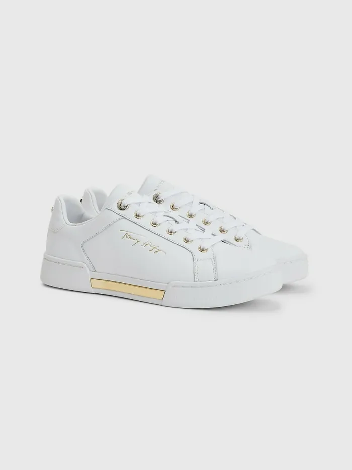 Tommy Hilfiger Signature Logo Leather Cupsole Trainers White Womens Flat Shoes Popular Tommy Hilfiger Signature Logo Leather Cupsole Trainers White Womens Flat Shoes Popular