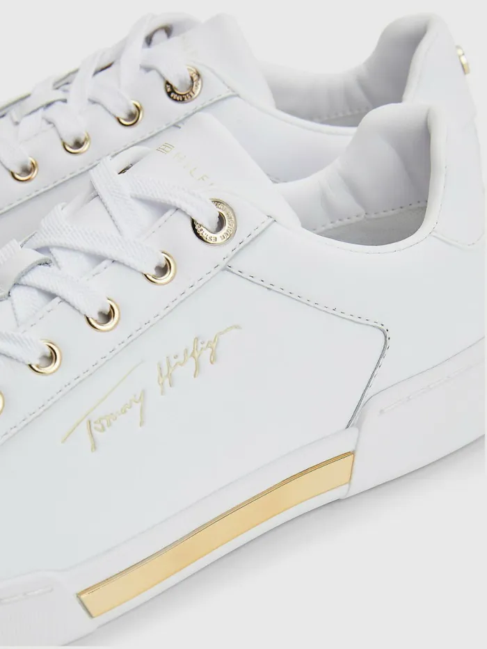 Tommy Hilfiger Signature Logo Leather Cupsole Trainers White Womens Pumps Casaul