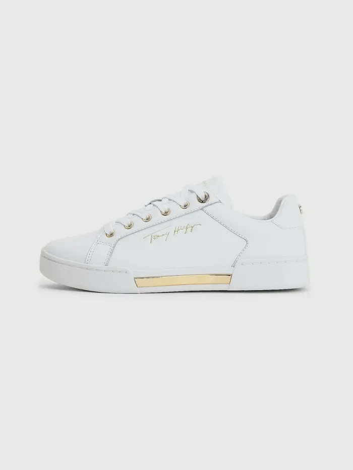 Tommy Hilfiger Signature Logo Leather Cupsole Trainers White Womens Pumps Casaul