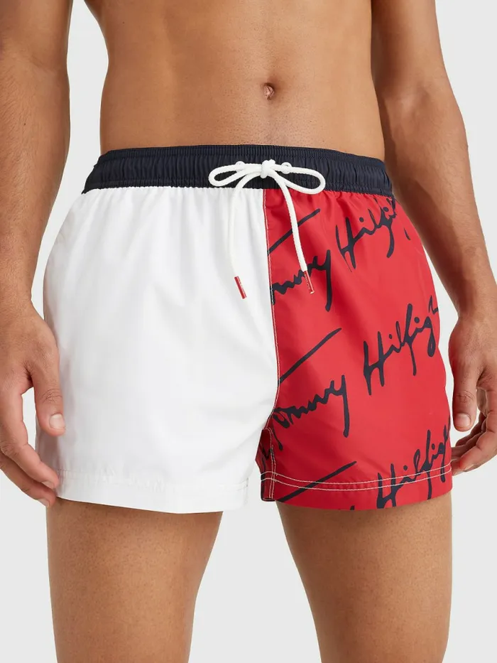 Tommy Hilfiger Signature Logo Short Length Swim Shorts Primary Red Mens Swimwear Sale Tommy Hilfiger Signature Logo Short Length Swim Shorts Primary Red Mens Swimwear Sale