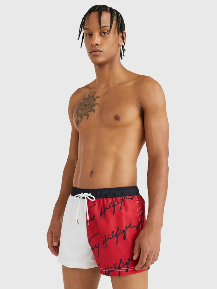 Tommy Hilfiger Signature Logo Short Length Swim Shorts Primary Red Mens Swimwear Sale
