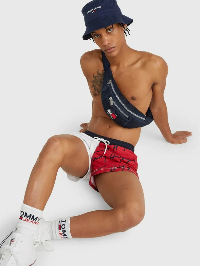 Tommy Hilfiger Signature Logo Short Length Swim Shorts Primary Red Mens Swimwear Sale