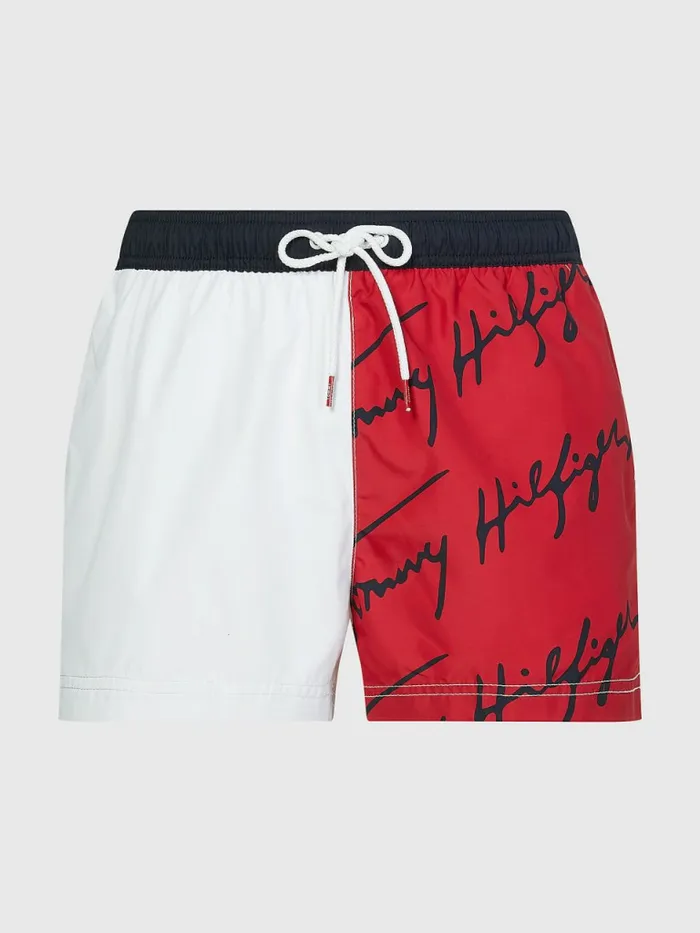 Tommy Hilfiger Signature Logo Short Length Swim Shorts Primary Red Mens Swimwear Sale