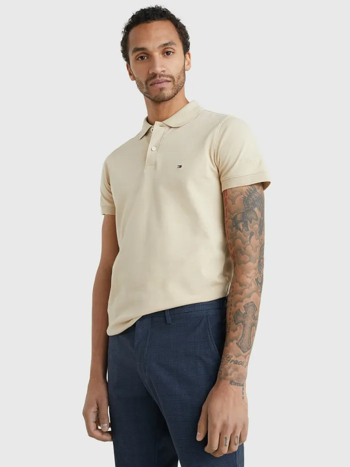 Tommy Hilfiger Signature Logo Slim Fit Polo Clayed Pebble Mens Polo Shirts Cheap On Sale Tommy Hilfiger Signature Logo Slim Fit Polo Clayed Pebble Mens Polo Shirts Cheap On Sale