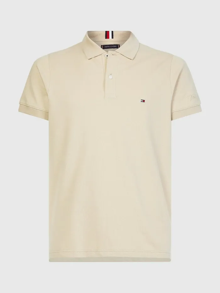 Tommy Hilfiger Signature Logo Slim Fit Polo Clayed Pebble Mens Polo Shirts Cheap On Sale