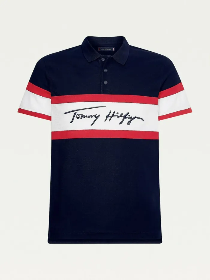 Tommy Hilfiger Signature Logo Slim Fit Polo Desert SkyPrimary RedWhite Mens Polo Shirts Casaul