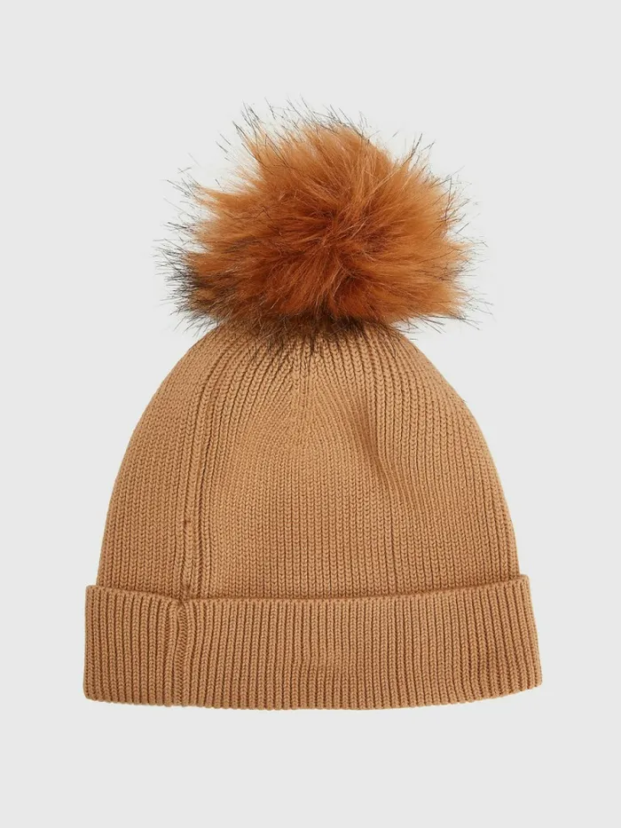 Tommy Hilfiger Signature Pom Pom Beanie Camel Womens Hats and Scarves Fashion
