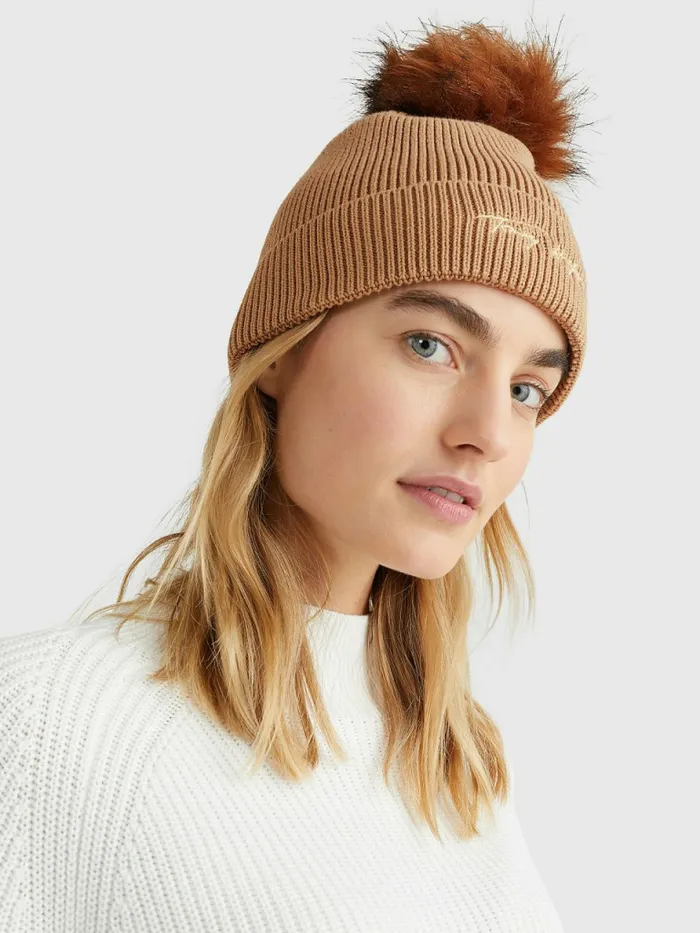 Tommy Hilfiger Signature Pom Pom Beanie Camel Womens Hats and Scarves Fashion