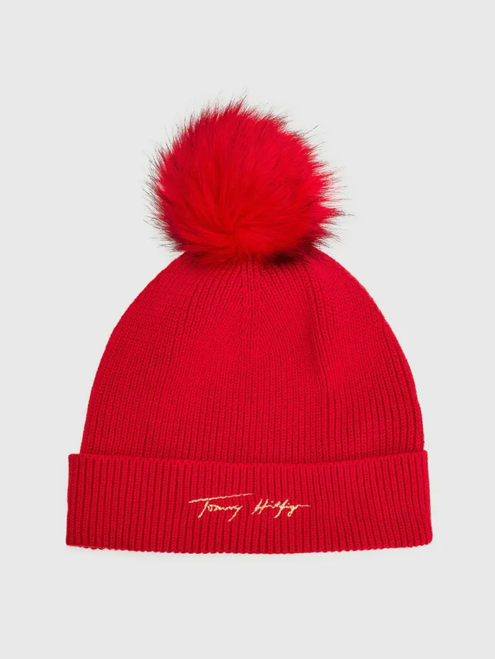 Tommy Hilfiger Signature Pom Pom Beanie Primary Red Womens Hats and Scarves Casaul Tommy Hilfiger Signature Pom Pom Beanie Primary Red Womens Hats and Scarves Casaul