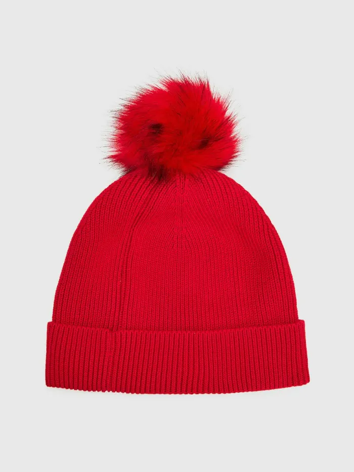 Tommy Hilfiger Signature Pom Pom Beanie Primary Red Womens Hats and Scarves Casaul