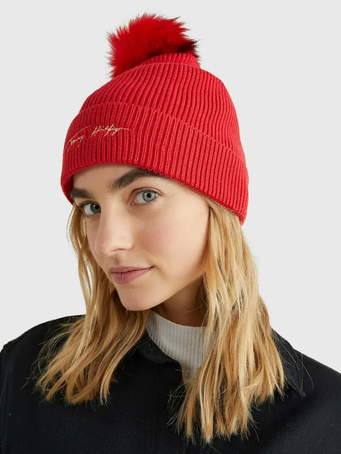 Tommy Hilfiger Signature Pom Pom Beanie Primary Red Womens Hats and Scarves Casaul