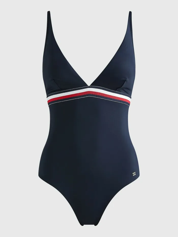 Tommy Hilfiger Signature Tape One Piece Swimsuit Desert Sky Womens Swimwear Gift Ideas