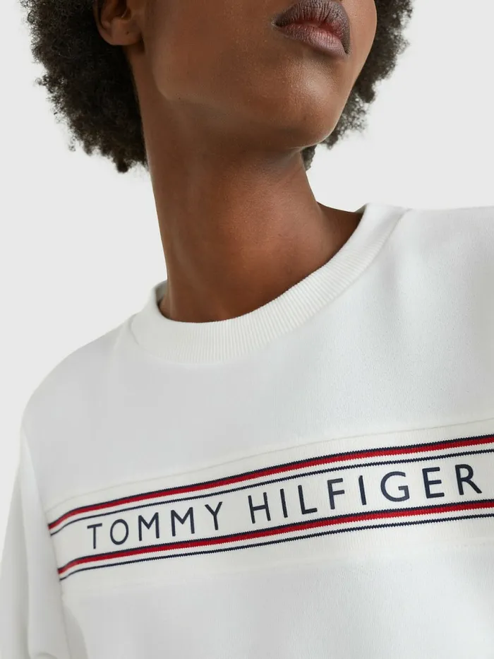 Tommy Hilfiger Signature Tape Sweatshirt White Womens Sweatshirts and Hoodies Near Me