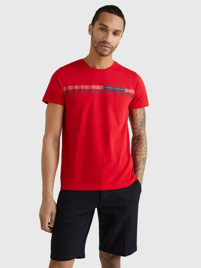 Tommy Hilfiger Signature Tape TShirt Primary Red Mens TShirts On Sale