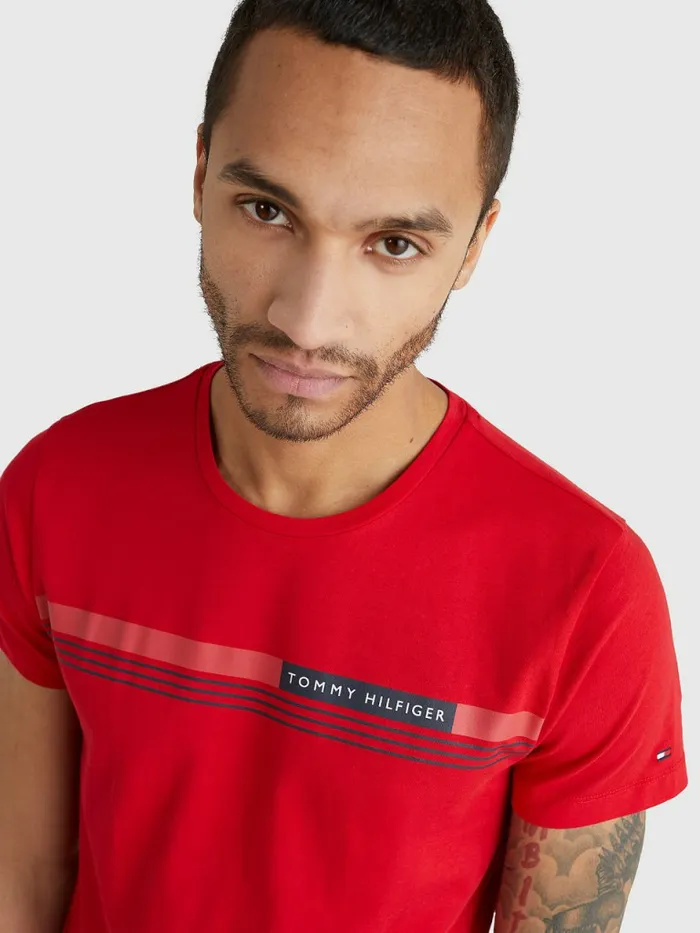 Tommy Hilfiger Signature Tape TShirt Primary Red Mens TShirts On Sale