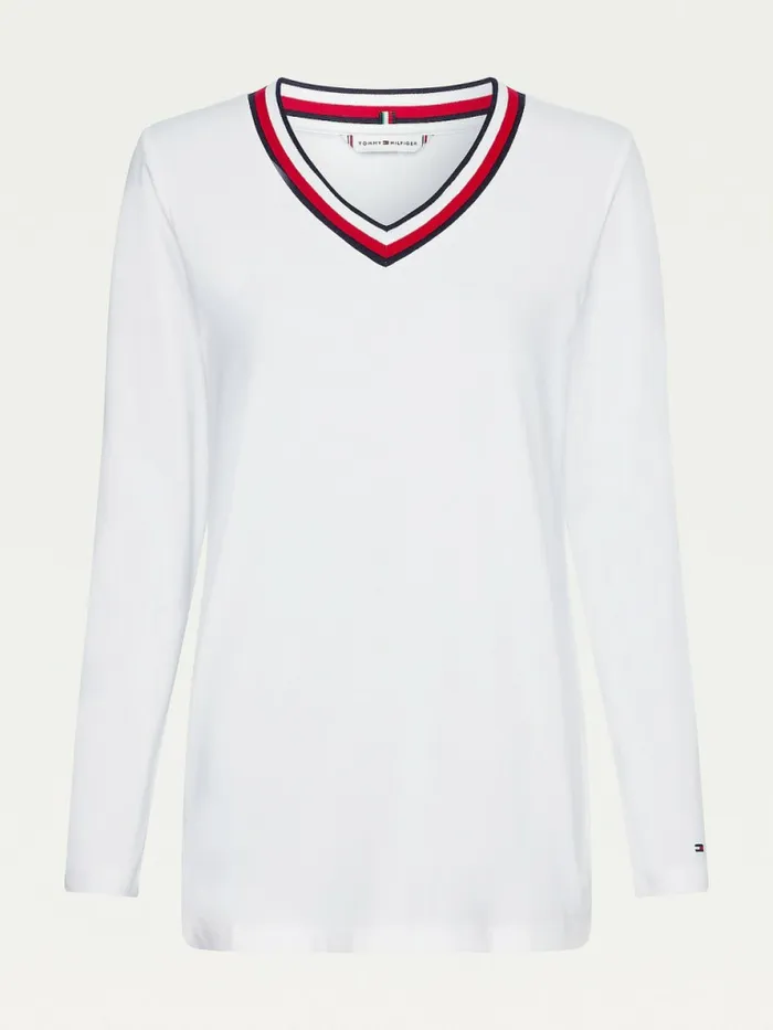 Tommy Hilfiger Signature Tape VNeck Long Sleeve TShirt White Womens TShirts Gift for Friend