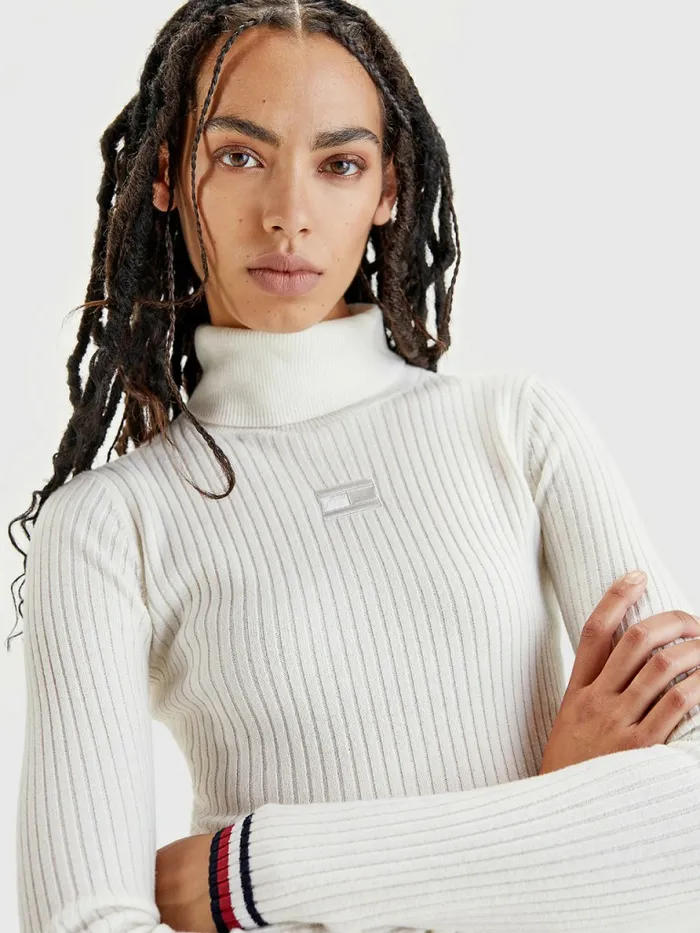 Tommy Hilfiger Skinny Fit Roll Neck Polo Jumper Ecru Womens Knitwear On Sale