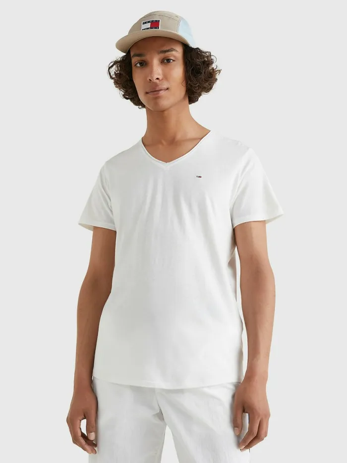 Tommy Hilfiger Slim Fit VNeck TShirt White Mens Essentials