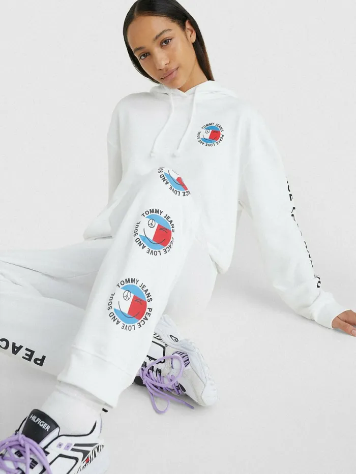 Tommy Hilfiger Smiley Peace Logo Joggers White Womens Trousers