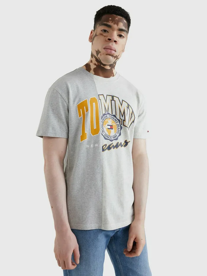 Tommy Hilfiger Spliced Logo Two Tone TShirt Silver Grey Htr Mens TShirts On Sale Tommy Hilfiger Spliced Logo Two Tone TShirt Silver Grey Htr Mens TShirts On Sale